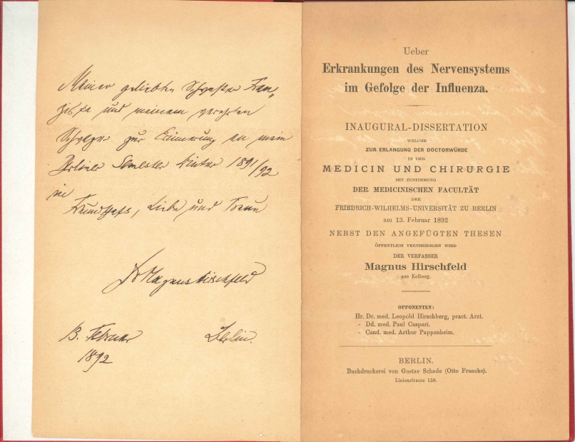 Dissertation | Widmungsexemplar der Dissertation Magnus Hirschfelds für seine Schwester Franziska Mann (Archiv der Magnus-HIrschfeld-Gesellschaft)